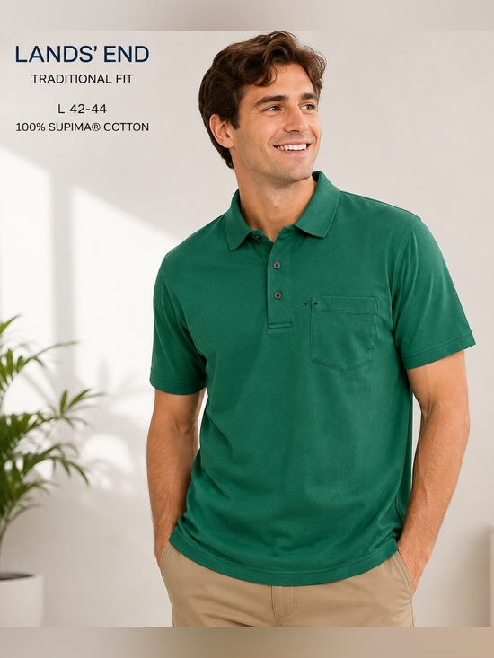 Lands' End Other - Lands’ End Men’s Traditional Fit Green Supima Cotton Pocket Polo Shirt Size L 42